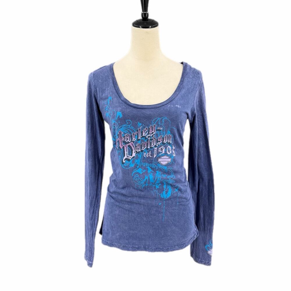 Harley Davidson 100% Cotton Blue Acid Wash Graphic Biker Dallas Grunge T-shirt